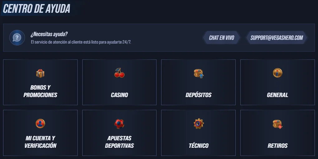 VegasHero Casino centro de ayuda con categorías de bonos, depósitos, retiros y soporte